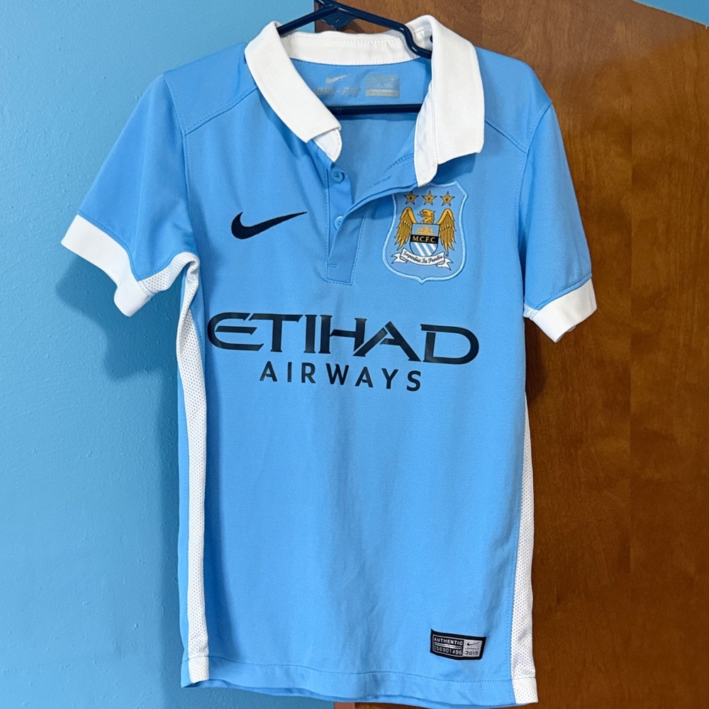 Nike Light Blue & White Manchester City Kids Polo Soccer Jersey